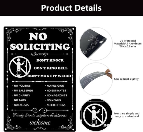 Metal No Soliciting Sign for House Front Door Yard Fence 12 x 8 inch No Soliciting Sign Sticker for Home, Don't Knock Don't Ring Bell No Solicitat...