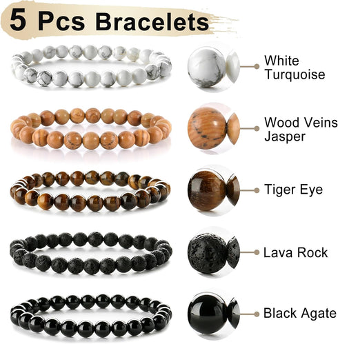 5pcs Bracelets set for Men, Natural Stone Mens Beaded Bracelets, 8mm Tiger Eye Lava Rock Black Agate Bracelet...
