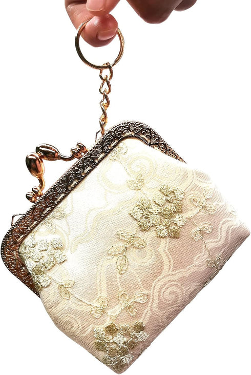 Vintage Kiss Lock Coin Purse Keychain Buckle Wallet for Women(light yellow)...