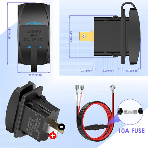 Rocker Switch USB Charger Qidoe 18W Quick Charger 3.0 and PD 20W with LED Rocker Dwitch USB Port Charger for RV,Boat, Marine, Truck, Utv......