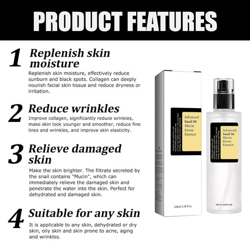Snail Mucin Serum 96% / Power Repairing Essence 3.38 fl.oz(100 ml) / Hydrating Serum for Face with Snail Secretion Filtrate for Dull Skin & Fine L...