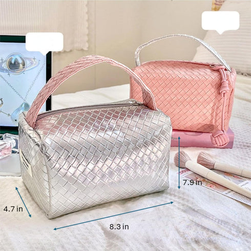 Makeup Travel Bag Cosmetic Bag, PU Leather Bright Quilted Toiletry Bag for Women Large Capacity Make Up Organizer Dorm Room Essentials (Silver)...