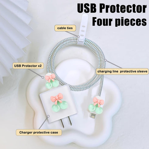 Cute Cable Protector Compatible for iPhone Adapter with Crystal Cherry Pears Design, Clear Soft Data Line USB Cover, Wire Cord Saver, Phone Cord P...