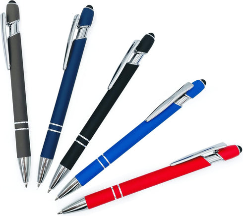Pack of 5 Rubberized Comfort Soft Touch 2 in 1 Ballpoint Pen Capacitive Stylus Tip, Premium Metal Medium Point, Black Ink, Compatible with Most To...