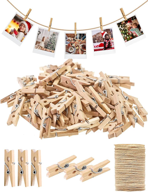 Sturdy Mini Clothes Pins for Photo, 150 Pcs 1 Inch Natural Wooden Clothespins with 33 FT Jute Twine, Small Clips for Crafts Display, Baby Shower G...