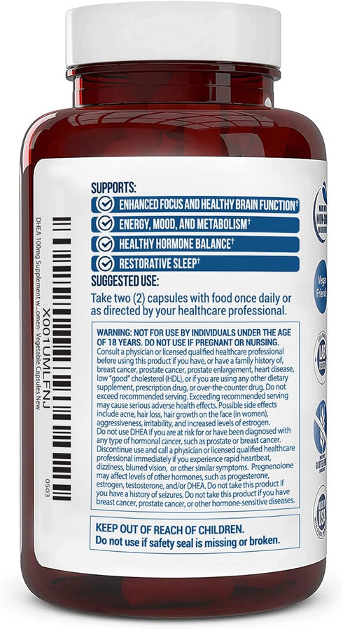 DHEA 100mg Supplement with Pregnenolone 60mg -Supports Hormone Balance, Lean Muscle Mass, Energy, Mood, Sleep, and Healthy Aging in Men and Women-...