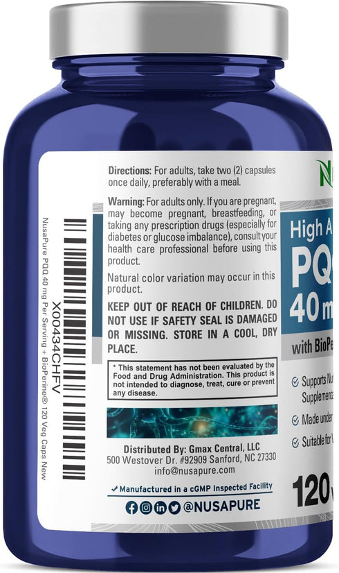 NusaPure PQQ Supplement 40 mg, 120 Veggie Capsules, Non-GMO, Pyrroloquinoline Quinone Disodium Salt, Bioperine...