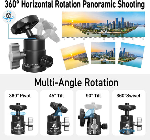 Mini Ball Head, Panoramic Tripod Head DSLR Camera Hot Shoe Mount + 1/4 3/8 Screw, 360° Rotatable Tripod Ball Head Photograph Accessories for Camer...