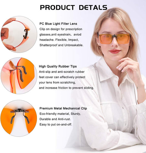 FONHCOO Clip-on Blue Light Blocking Glasses Womens Mens 2 Pack over Prescription Glasses Framless Lens Anti Eyestrain Headaches UV Filter Computer...