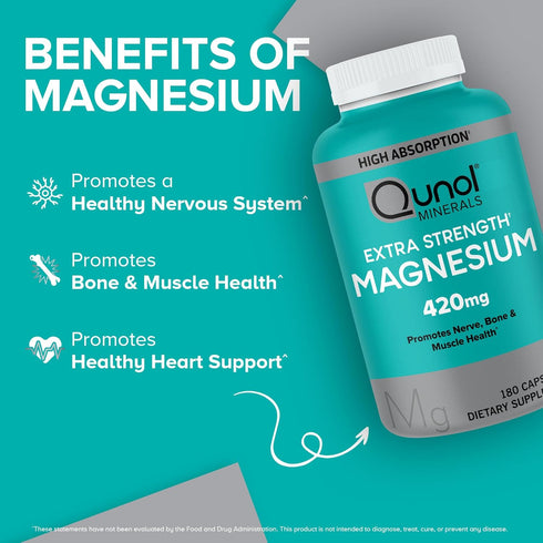 Qunol Magnesium Capsules 420mg, 100% DV, High Absorption Magnesium Supplement, Extra Strength, Bone and Muscle Health Supplement, 180 Count...
