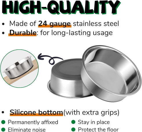 Stainless Steel Dog Bowls (Set of 2), Metal Pet Bowls with Rubber Bottom, Food & Water Dog Dish, Dishwasher Safe, Sturdy & Durable, 2 Cups, Ideal ...