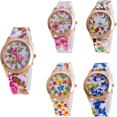 CdyBox Women Ladies Girls Floral Dial Silicone Band Analog Watches Rose Gold Tone Numbers (5 Pack)...