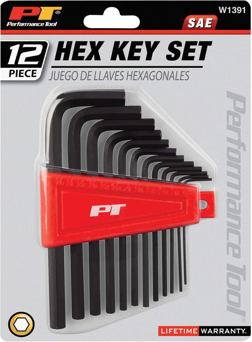 Performance Tool W1391 12-Piece Long Arm Hex Key Set - Heat Treated Alloy Steel, Includes Plastic Holder for Storage, SAE Sizes: 050-5/16-Inch...