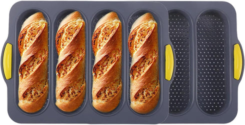 4-cavity Silicone Bread Loaf Pan, Nonstick Sourdough Loaf Pan & Heat Resistant Baguette Bread Pan, Bread Pans for Homemade Bread, Silicone Molds f...