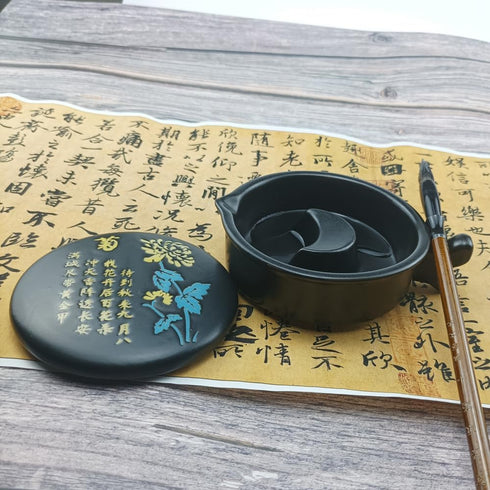 Multifunctional Chinese Calligraphy Handmade Porcelain Ink Well Dish Ceramic Inkslab Inkstone with Brush Holder for Beginners Paintings Writings D...