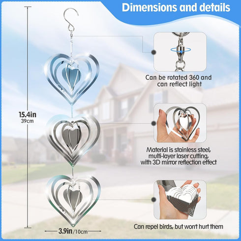 3PCS Heart Bird Scare Discs Set,Double-Sided Bird Reflectors,Highly Reflective Wind Spinners Bird Devices to Scare Birds Away from Yards Outdoor G...