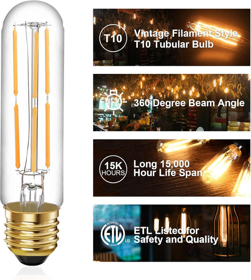 6 Pcs E26 T10 LED Tubular Light Bulbs, Daylight White Edison Bulb 4000K 6W Dimmable T10 Led Bulb for Pendant Lights, Lamps, Outdoor Long Light Bul...