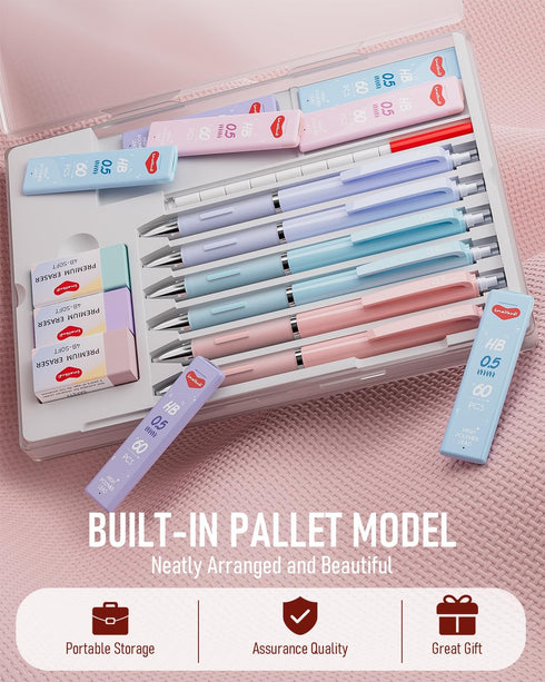 6PCS 0.5mm Mechanical Pencils Set Pastel Mechanical Pencils with 360PCS HB Lead Refills, 3 Erasers, 9 Erasers Refill Aesthetic School Supplies for...