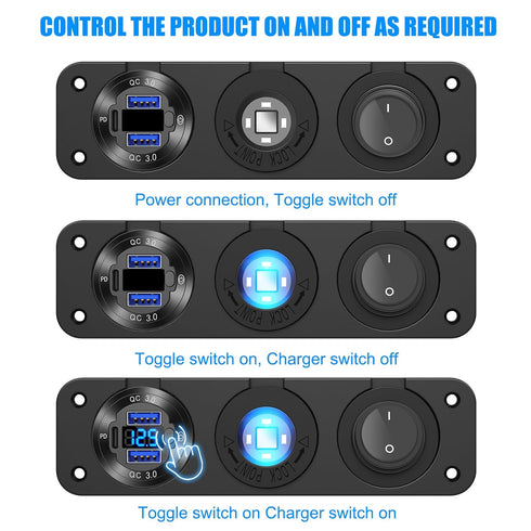 12V USB Outlet Boat Accessories Marine Switch Panel Plug, PD3.0 and Dual QC3.0 USB Ports Aluminum Car Charger with Voltmeter, Lighted 150W Cigaret...