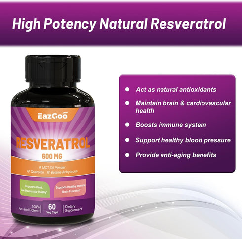 Resveratrol 600 mg, Trans-Resveratrol Supplement, Antioxidant Health Aging Support...