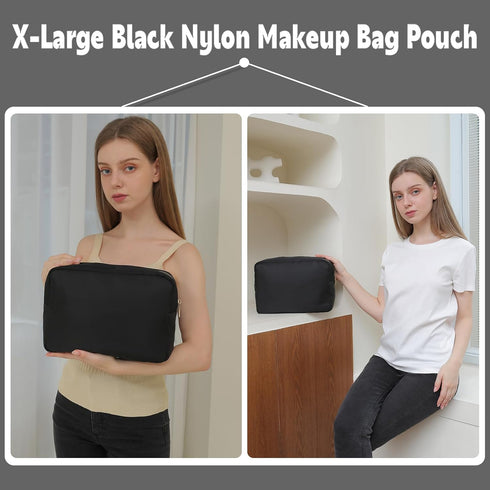 Travel Essentials Extral Large Makeup Bag Travel Cosmetic Pouch Toiletry Bag for Women Men Nylon Bathroom Bag with Zipper Pocket (Black,XL)...