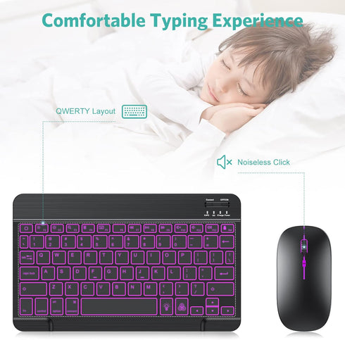 TECURS Bluetooth Keyboard and Mouse Combo for iPad - Rechargeable Wireless Keyboard & Mouse with 7-Color Backlit Compatible with iPad 10th/9th/8th...