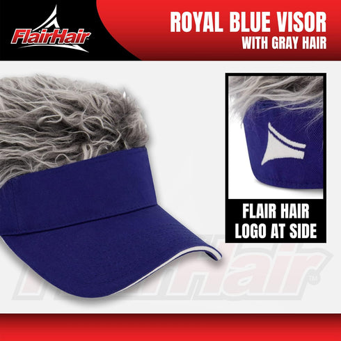 Flair Hair Sun Visor Cap with Fake Hair, Grey Hair with Royal Blue Adjustable Baseball Hat, Royal Blue...