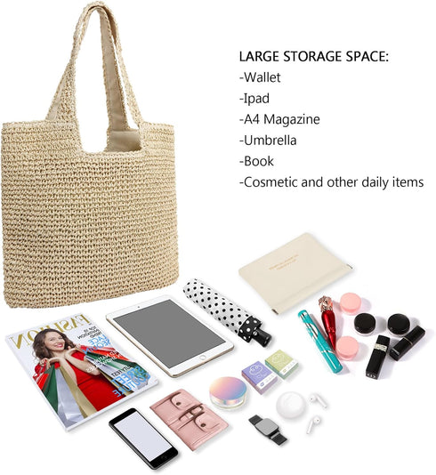 Large Straw Beach Bag for Women with Coin Purse, Woven Tote Bag Summer bag Travel Shoulder Handbag...