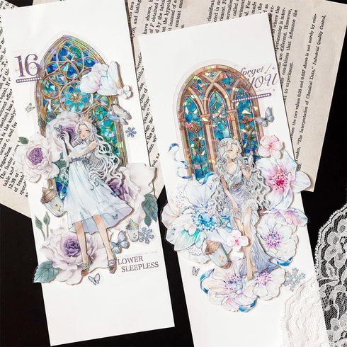 60Pcs Retro Glazed Window Flower Sticker Transparent Waterproof Stickers Holographic Glitter Stickers Vintage Scrapbook Stickers for DIY Diary Alb...