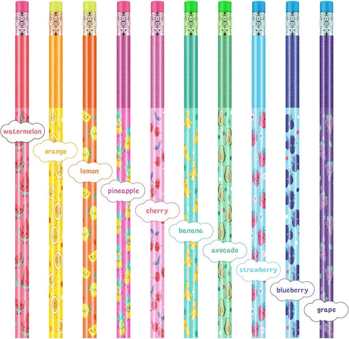 Leinuosen 30 Pieces Scented Pencils Fun Pencil with 12 Eraser Cartoon Pencil Toppers Fruit Pencil Toppers with Pencil Toppers Lovely Wood Pencil w...
