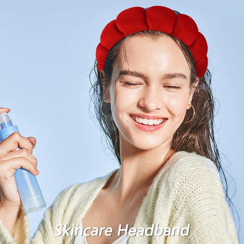VELSCRUN 3 Pcs Spa Headband, Makeup Headband, Face Wash Headband, Skincare Headbands, Red Velvet Puffy Sponge Hair Band Bow Tie Bubble Spa Headban...