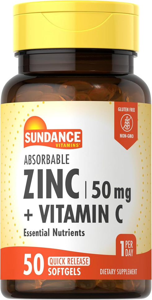 Sundance Absorbable Zinc with Vitamin C | 50mg | 50 Softgels | Essential Nutrients | Non-GMO and Gluten Free Supplement...