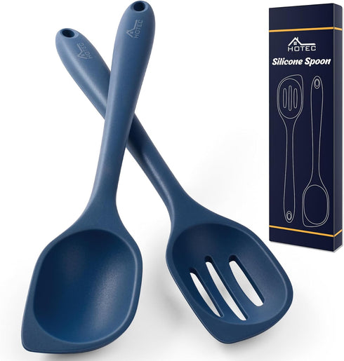 HOTEC Heat Resistant Silicone Cooking Spoon Spatula, Large Kitchen Solid and Slotted Spoons for Mixing, Serving, Scraping, Non-stick, Dishwasher S...