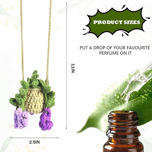 Crochet Hanging Plant for Car Cute Crochet Hanging Basket Flower Ornament Accessories Rearview Mirrior Handmade Knitted Lovers Gifts (Purple Wiste...
