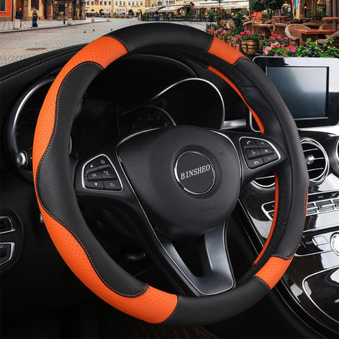 Leather Steering Wheel Cover, Breathable, Anti Slip & Odor Free, Black and Orange...