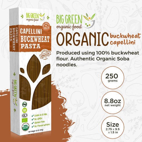 Big Green Organic Food- Organic Buckwheat Capellini, 8.8oz, 100% buckwheat, Gluten-Free, Non-GMO (1 Pack)...
