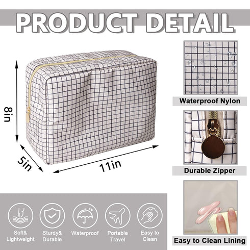 Waterproof Large Makeup Bag Pouch,Nylon Women Travel Toiletry Storage Bag Checkered Cosmetic Bag for Girls,Big Preppy Makeup Organizer Bag Zipper ...