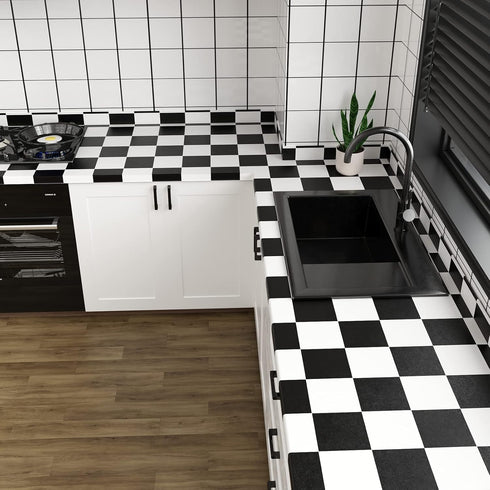 VaryPaper 15.7''x78.7'' Thick Checkered Countertop Contact Paper Waterproof Checkered Wallpaper Peel and Stick Black and White Wallpaper for Bathr...