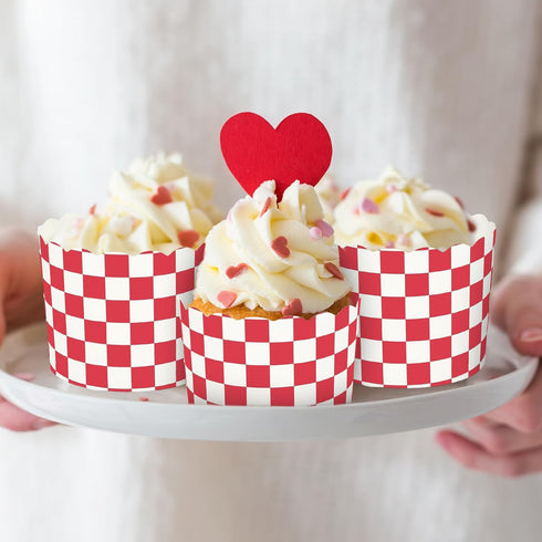 100Pcs Red Plaid Paper Baking Cups White Red Checkered Cupcake Wrappers Scalloped Edge Cupcake Muffin Cases for Party Supplies...