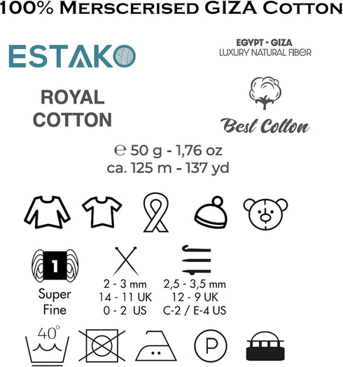 Estako Royal Cotton, 100% Mercerized Giza Cotton Yarn, Soft, Super Fino 1 for Crochet and Knitting 1.76 Oz (50g) / 137 Yrds (125m) (5064 - Dark Ye...