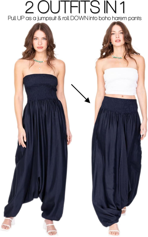 likemary Harem Jumpsuits for Women – Flowy 2-in-1 Romper Converts into Balloon Pants with Pockets in Silk Look Fabric...