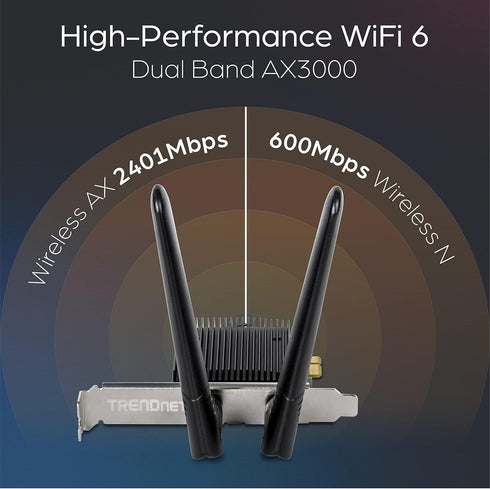 TRENDnet AX3000 Wireless Dual Band & WiFi 6 PCIe Adapter, Bluetooth 5.2 Class 2, 2401 Mbps Wireless AX, 600 Mbps Wireless N Bands, Windows 10, Sup...