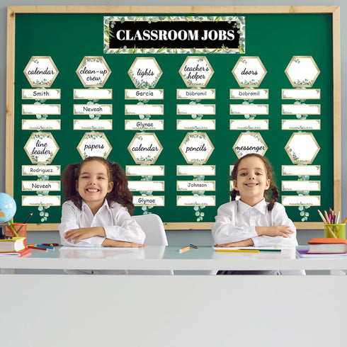 116pcs Eucalyptus Classroom Jobs Bulletin Board Set Classroom Teacher's Helper Charts Eucalyptus Cutouts Name Plates Kits Decorations for Bulletin...