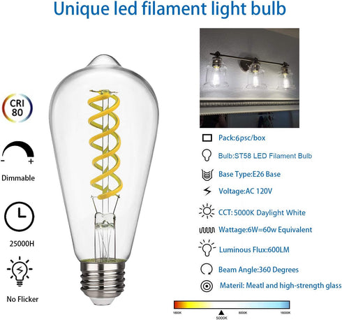 Dimmable Vintage LED Edison Bulbs, 6W, Equivalent 60W, 600lm, Daylight 5000K,ST58 Antique LED Filament Bulbs, E26 Medium Base, Clear Glass, Pack o...