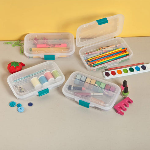 Sterilite Small Divided Pencil Box, Stackable Plastic Small Storage Container with Latching Lid, Organize Pens and Small Items, Clear Case, 12 Pac...