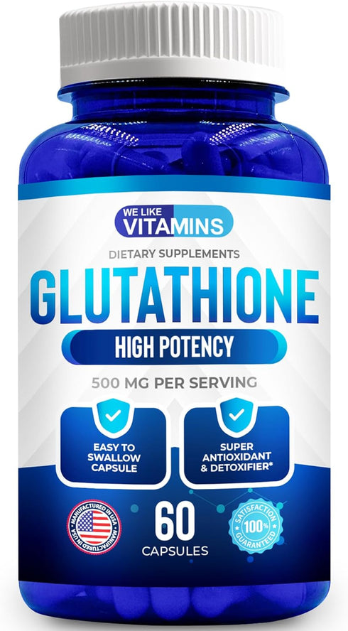We Like Vitamins Glutathione 500mg Per Serving | Manufactured in USA | 60 Glutathione Capsules | Highly Bioavailable Reduced Glutathione Supplemen...