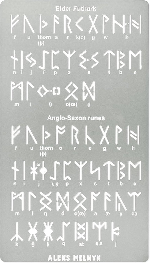 Aleks Melnyk No.409 Metal Stencil, Elder Futhark and Anglo-Saxon Runes 0.5in, Ancient Alphabet, Sigil Magic Alphabet Stencil 1 PC, Template Wood B...