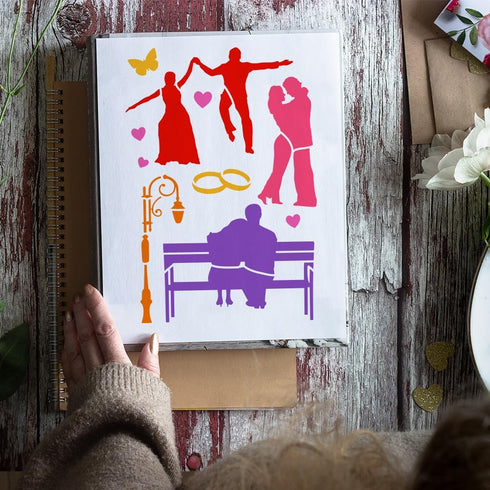 FINGERINSPIRE 12 Pcs Couple Silhouette Painting Stencil 8.3x11.7 inch Reusable Boy Girl Drawing Template DIY Romantic Love Valentine's Day Decor S...