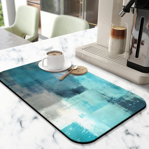Coffee Bar Mat Accessories for Countertop Turquoise Abstract Art Absorbent Hide Stain Rubber Backed Dish Drying Mats for Kitchen Counter Draining ...