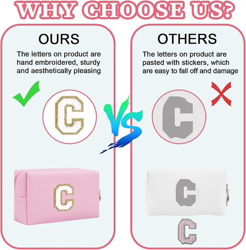 Personalized Initial Letter Patch Makeup Bag, Preppy Portable Chenille Letter Cosmetic Bag with Zipper, PU Leather Waterproof Travel Toiletry Bag ...